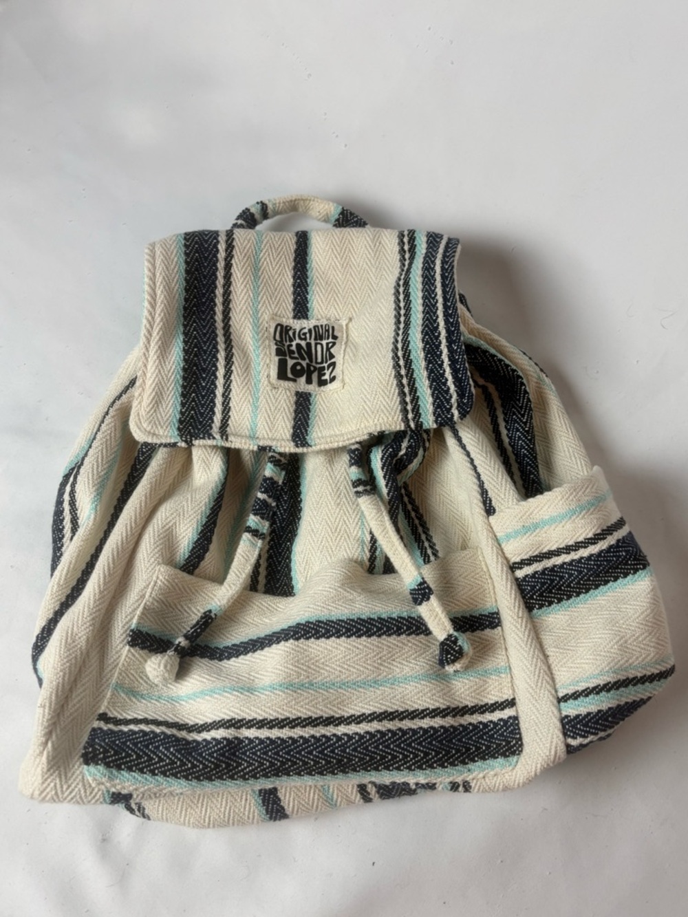Original Senior Lopez Baja Backpack White Blue Stripe Drawstring Unisex Beach